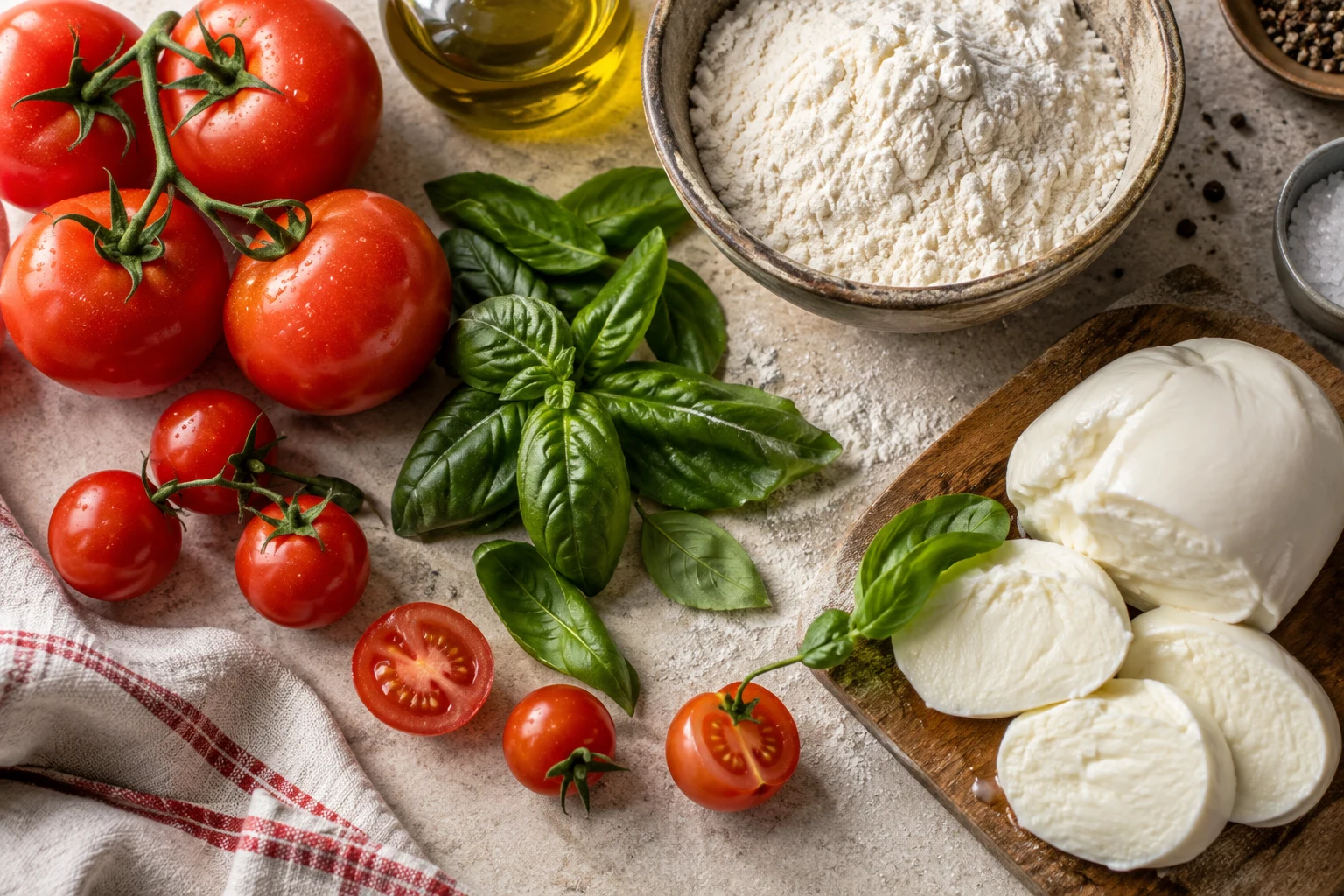 Tomatoes, basil, mozzarella and flour arranged on a pale kitchen worktop.