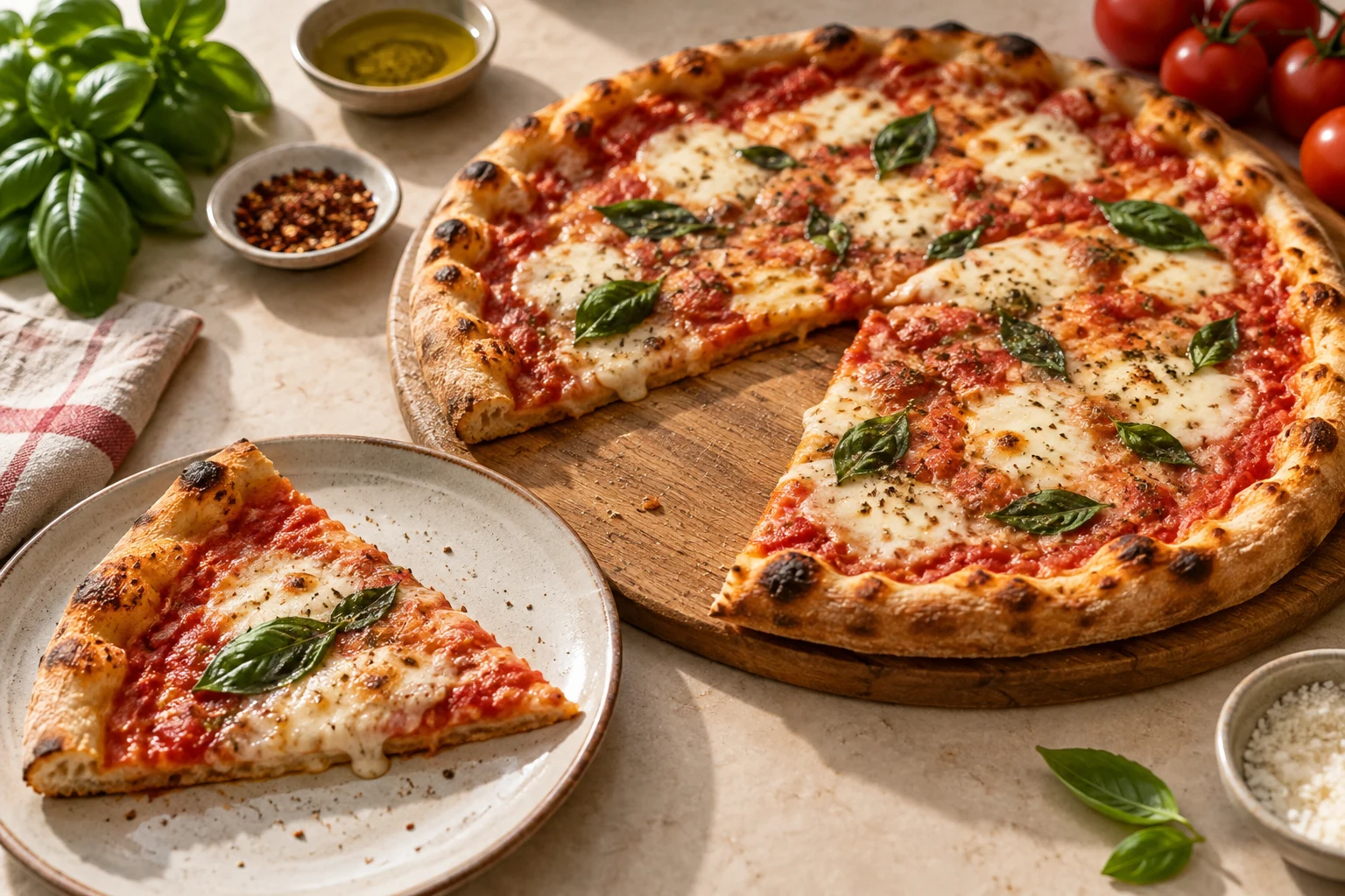 Tomato, mozzarella and basil pizza on a sunlit cream table.
